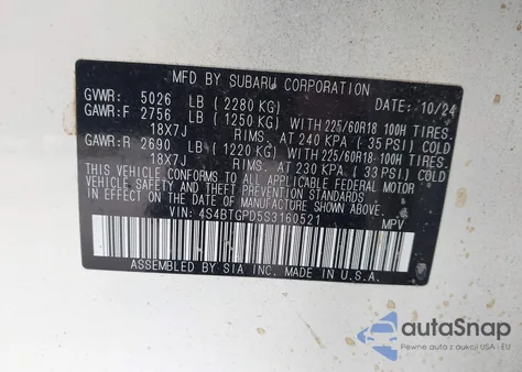 2025 Subaru Outback Touring Xt z USA, uszkodzony, nr VIN 4S4BTGPD5S3160521